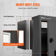 Heavy-duty black steel drop box with combination lock and large delivery slot for secure mail.