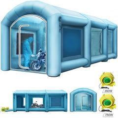Blue inflatable paint booth with clear windows, zip door, and dual yellow blowers shown separately.