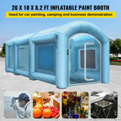 Blue inflatable paint booth measuring 20x10x8 feet with blowers, filters, and transparent windows.