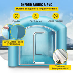 Inflatable paint booth made of 210D Oxford fabric and PVC, showing durability, dirt tolerance, and aging resistance features.