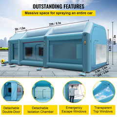 Blue inflatable paint booth measuring 28x15x10ft with air filter system, dual rooms, and transparent windows.