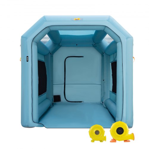 Inflatable paint booth with 13x8ft dimensions, air filter, and bright PVC windows.