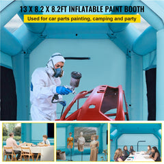 Inflatable paint booth with bright windows, double doors, and a carbon filter for dust control.