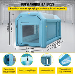 Inflatable paint booth with 13x8ft dimensions, air filter, and bright PVC windows.