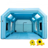Inflatable paint booth with durable fabric, two blowers, and spacious design for car painting.