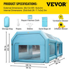 Inflatable paint booth with durable fabric, large filter windows, and two blowers for ventilation.