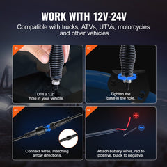 3ft RGB LED whip light with spring base and app control, shown in installation steps on vehicle.