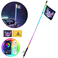 4ft waterproof RGB LED whip light with spiral design, app and RF control, mounted on off-road vehicle.