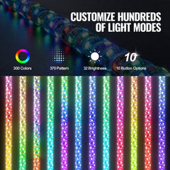 4ft waterproof RGB LED whip light with spiral design, app and RF control, showing 300 colors, 370 patterns, and 32 brightness levels.