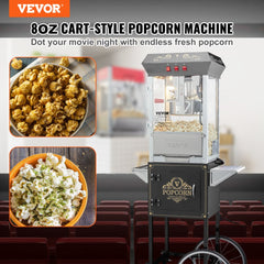 Black Bostome 8oz popcorn machine with cart, 850W commercial popper and glass door.