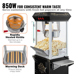 Black Bostome 8oz popcorn machine with cart, glass panels, and control switches on top