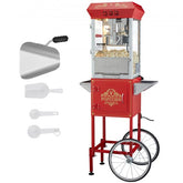 Red Bostome 8oz popcorn machine on cart with tempered glass, 850W power, and 14-inch wheels.