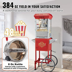 Red Bostome 8oz popcorn machine on a cart with tempered glass and 14-inch wheels.