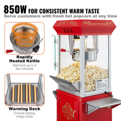 Red popcorn machine with cart, 8oz kettle, and three switches for easy operation.
