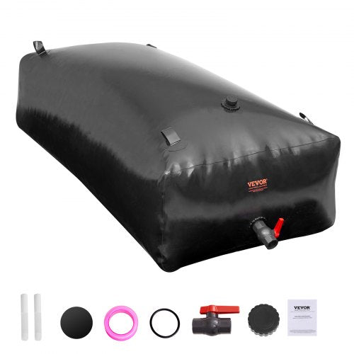 Black PVC collapsible water storage bladder with 264-gallon capacity for outdoor use.