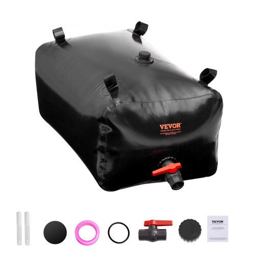 Black PVC collapsible water storage bladder with 63.4-gallon capacity and hose sleeve outlet.