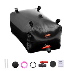 Black PVC collapsible water storage bladder with 63.4-gallon capacity and hose sleeve outlet.