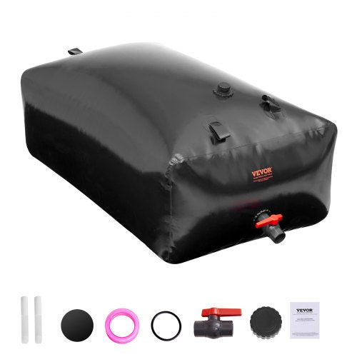 Black PVC collapsible water storage bladder with valve and accessories for 142.7 gallons capacity.