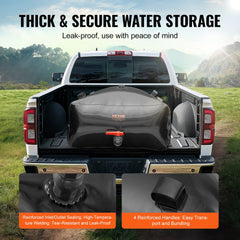 Black 142.7-gallon PVC collapsible water storage bladder in a pickup truck bed.