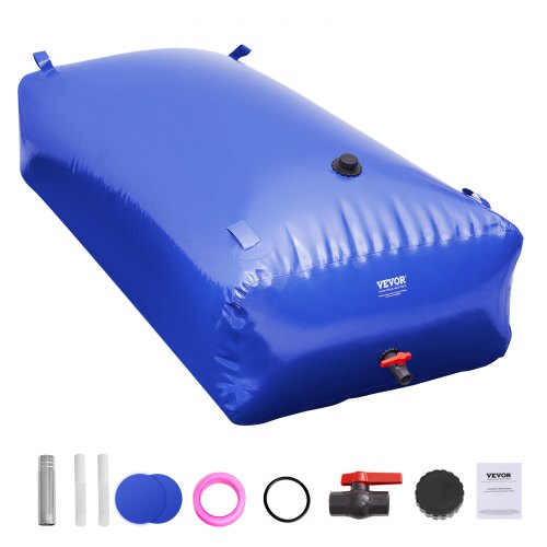 Blue 1000L PVC collapsible water storage bladder for RV with valve and accessories.