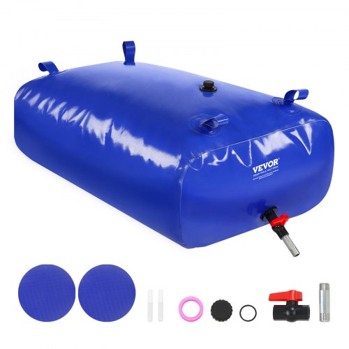 Blue 87-gallon collapsible water storage bladder made of durable 1000D PVC material.