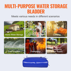 Blue 87-gallon collapsible water storage bladder made of durable 1000D PVC material.