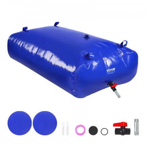 Blue 142.65-gallon collapsible PVC water storage bladder with accessories.