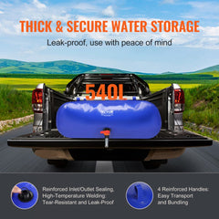 Blue 540L collapsible PVC water storage bladder with reinforced handles and outlet, placed in a pickup truck bed.