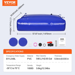 Blue 540L collapsible PVC water storage bladder with dimensions 59x35.4x15.7 inches and accessories.