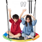 Multicolor 40-inch saucer tree swing with a sturdy frame, designed for 1-3 users.