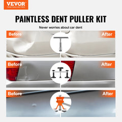 Paintless dent repair kit with bridge puller, slide hammer, glue tabs, and before-after dent removal demos.