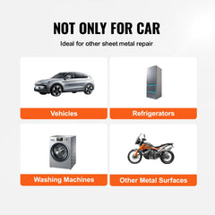 Infographic showing paintless dent repair kit uses on vehicles, refrigerators, washing machines, and other metal surfaces.