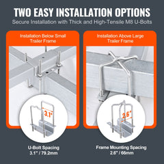 Diagram showing two installation options for 62-inch marine trailer guide poles using U-bolts on small and large trailer frames.