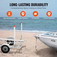 Marine trailer guide set with LED-lit, rust-resistant steel poles on sandy beach next to boat.