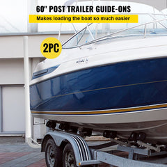 Two 60-inch steel boat trailer guide-ons with PVC covers mounted on a trailer next to a blue boat.