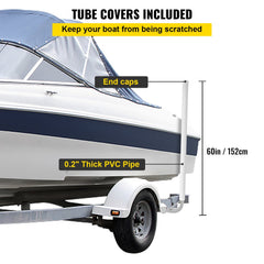 White steel boat trailer guide-on with blue PVC covers and end caps, mounted on trailer.