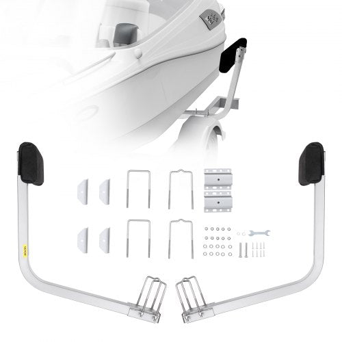 Adjustable 27.6-inch bunk guide-ons for marine trailers with steel arms, padding, and mounting hardware.