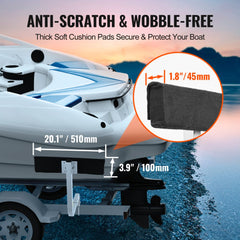 Adjustable bunk guide-ons with thick soft cushion pads on a white boat trailer, showing 20.1-inch height and 3.9-inch width.