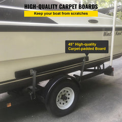 Rustproof steel boat trailer guide-ons with 45-inch carpet-padded boards mounted on a trailer.