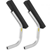 Steel boat trailer guide-ons with carpet-padded bunk boards for hull protection.