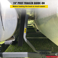 Steel boat trailer guide-ons with carpet-padded bunk boards for hull protection.