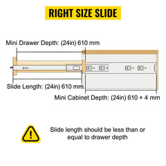 Diagram of 24-inch heavy duty locking drawer slide showing mini drawer depth of 610 mm, slide length of 610 mm, and mini cabinet depth of 614 mm, with warning that slide length should be less than or equal to drawer depth.