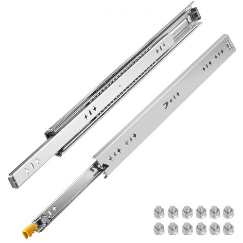 Pair of 24-inch heavy-duty locking drawer slides with zinc-plated steel rails and included screws.