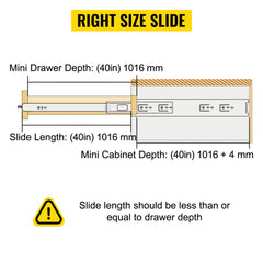 Diagram of 40-inch Bostome drawer slides showing mini drawer depth, slide length, and mini cabinet depth requirements.