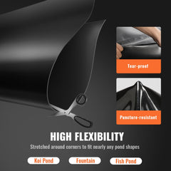 Black 10x13 ft pond liner made of 20 Mil LLDPE, suitable for fish and water gardens.