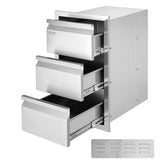 Stainless steel 3-tier outdoor kitchen drawer unit with open drawers and vent panel, 15x25.4x19 inches.
