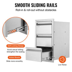 3-tier stainless steel outdoor kitchen drawers with smooth sliding rails and self-locking design.