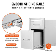 Stainless steel outdoor kitchen drawers with double layers and silent sliding rails.