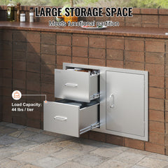 Stainless steel outdoor kitchen door and double drawer combo, 32.5 inches wide by 21.6 inches high, with 44 lb capacity per drawer.