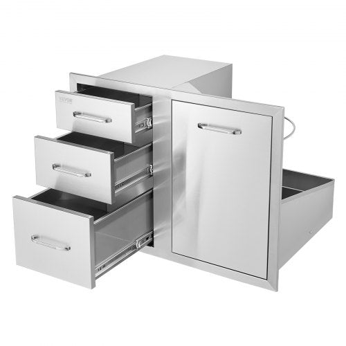 Stainless steel outdoor kitchen cabinet with door and three drawers, 29.5 inches wide.